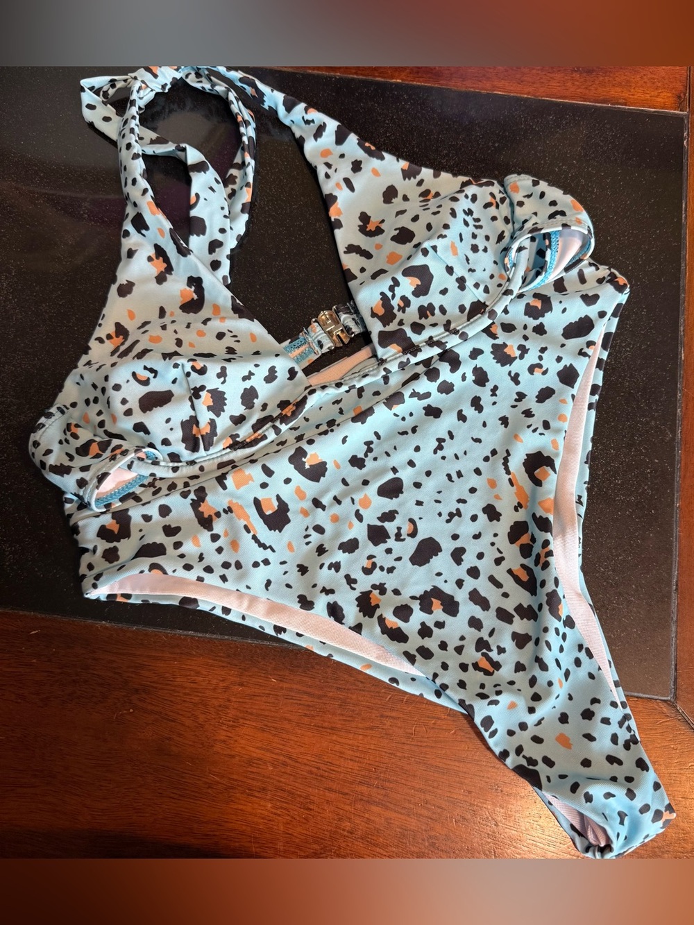ROMWE Light Blue Leopard-Print Two-Piece Swimsuit Small